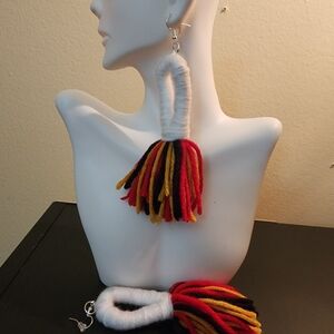 Handmade Yarn Tassel Earrings in White, Red, Yellow, Black